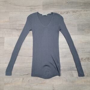 Vince 100% Cashmere V Neck Rib Knit Sweater Size Small Gray Minimalist Slim Fit